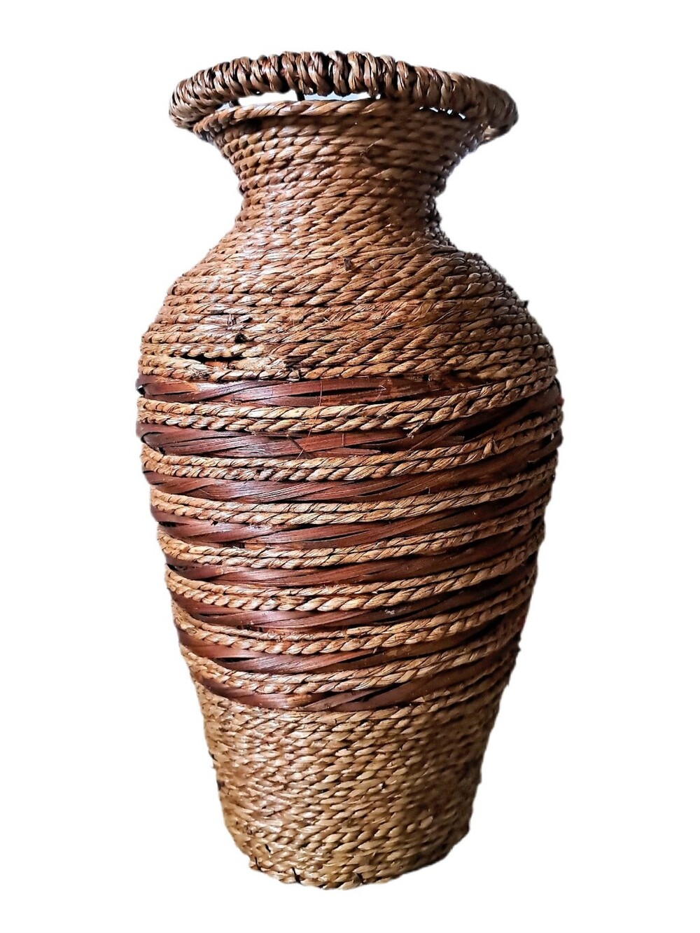 Vintage Multi-Hue Brown Rattan Vase with Bronze Accents Rope Jute Wire Decor